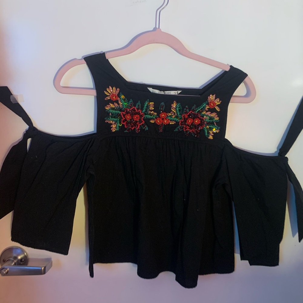 Topshop Beaded Floral Top Cold Shoulder Crop